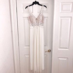 White Prom Dress With Flowery Sparkled Overlay